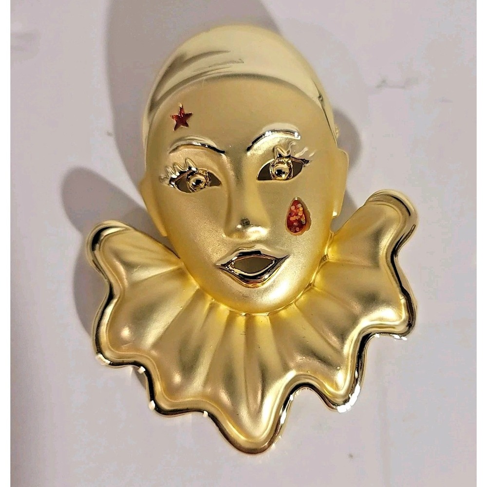 Clown Harlequin Face Brooch Pin Gold Tone Enamel Ruffle Collar Costume‎ 2in